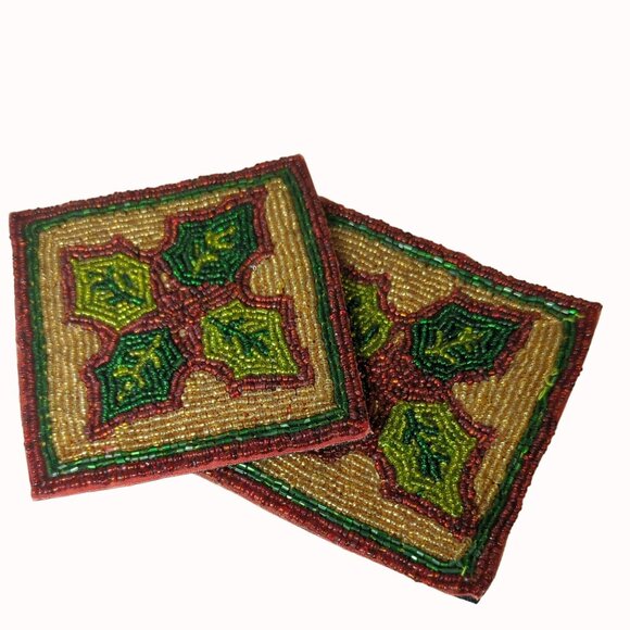 Vintage Handcrafted Christmas Beaded Coasters With Holly Leaf Design - Set Of 2 - Picture 3 of 3